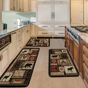 Retro Farmhouse Kitchen Mat Set 3pcs - Brown Bear and Wildlife Pattern, Outdoor Theme, Soft Flannel, Durable Easy Clean, Suitable for Living Room, Dining Room, Bathroom, Laundry Room, Seasonal Home Decor, Decorative Floor Mats