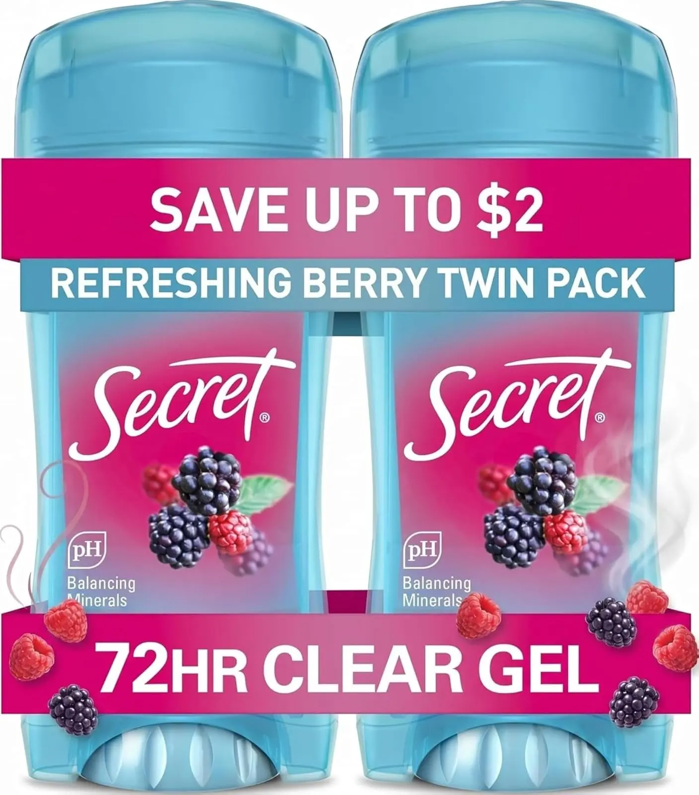 Secret Fresh Antiperspirant Deodorant for Women, 72hr Breathable Sweat & Odor Protection, Instant Freshness & Gentle, PH Balancing Minerals, Clear Gel, Refreshing Berry Scent, 2.6 oz (Pack of 2)