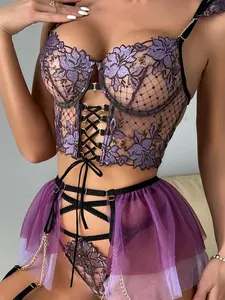 Embroidered Bra Chain Strap Erotic Lingerie Set, Sheer Mesh Transparency, Sexy Style, Plain Surface, All Seasons, Unlined, Made in China