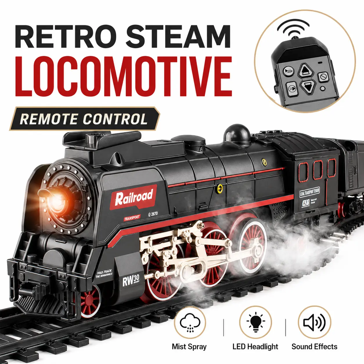 Electric Christmas Train Set with Steam Mist & Sound Effects, Remote Control Light Up Toy Railway for Kids, Classic Holiday Train Gift Decor