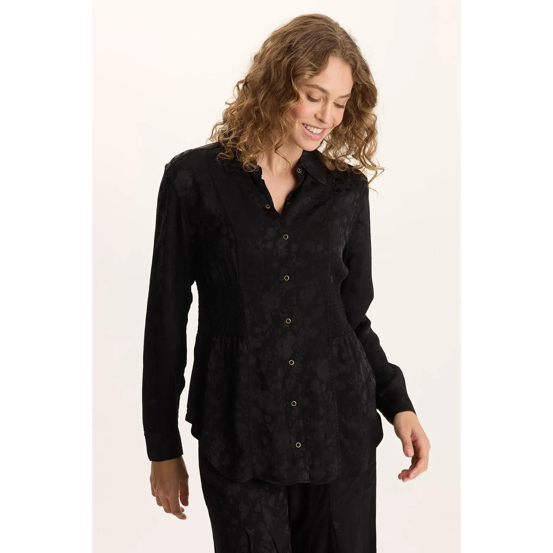 Senneca Textured Satin Shirred Peplum Button-Up Blouse