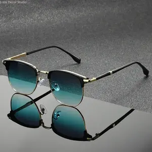 Browline Gradient Teal Sunglasses for Men and Women, Gold Frame, UV Protection, Classic Retro Fashion Sunglasses Sports Eyewear