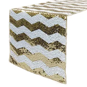 14 x 108 inch Chevron Sequin Table Runner White and Champagne