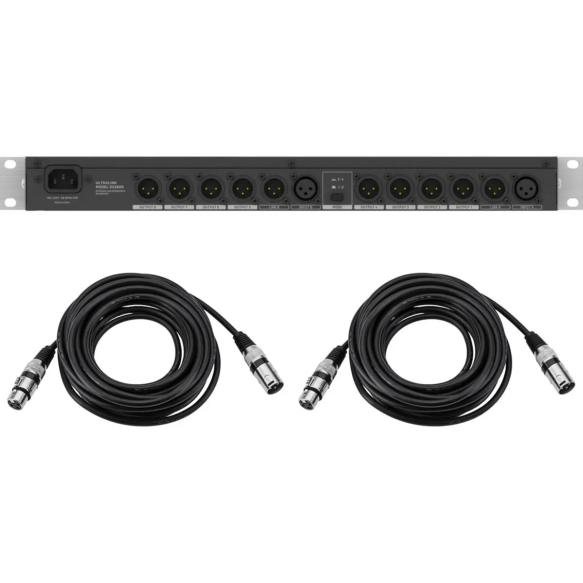 Behringer DS2800 Professional 2-Input/8-Output Audio Distribution Splitter, Bundled with 2x 25' Noise-Reducing Value Series XLR Male-to-Female Microphone Cables & Accessories for Recording, Headphone Use