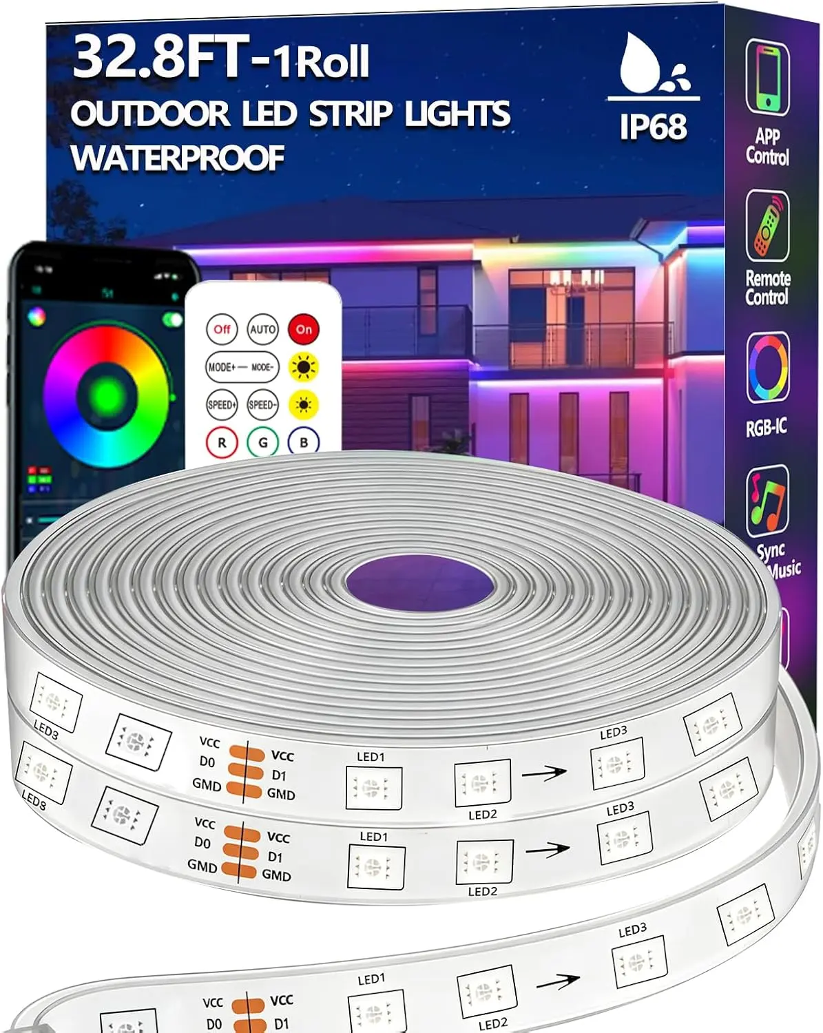 32.8 ft Length RGB Strip Lights, IP68 Waterproof Outdoor Silicone Tube Colorful LEDs with App Remote Control, Chase Mode, Music Sync for Balcony, Garden, Pool