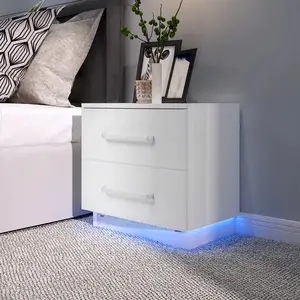 Modern Stylish 2 Drawers Bedside Cabinet with LED Blue Light High Gloss Front Panel for Bedroom Home Furniture LED Bedside Table