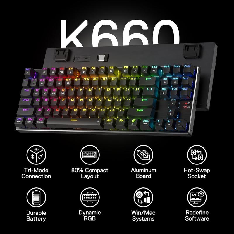 K660RGB-PRO (K556 TKL)  Gaming Keyboard, 80% 87  BT/2.4Ghz Tri-Mode Aluminum Mechanical Keyboard w/ Function , Hot-Swap Sockets & Noise Absorbing Form, Red