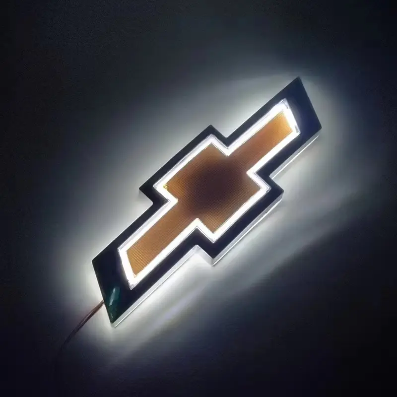 5D LED illuminated bowtie badge for Chevrolet, multi-color illuminated badge with chrome trim, waterproof direct replacement for front grille and tailgate exterior accessories.