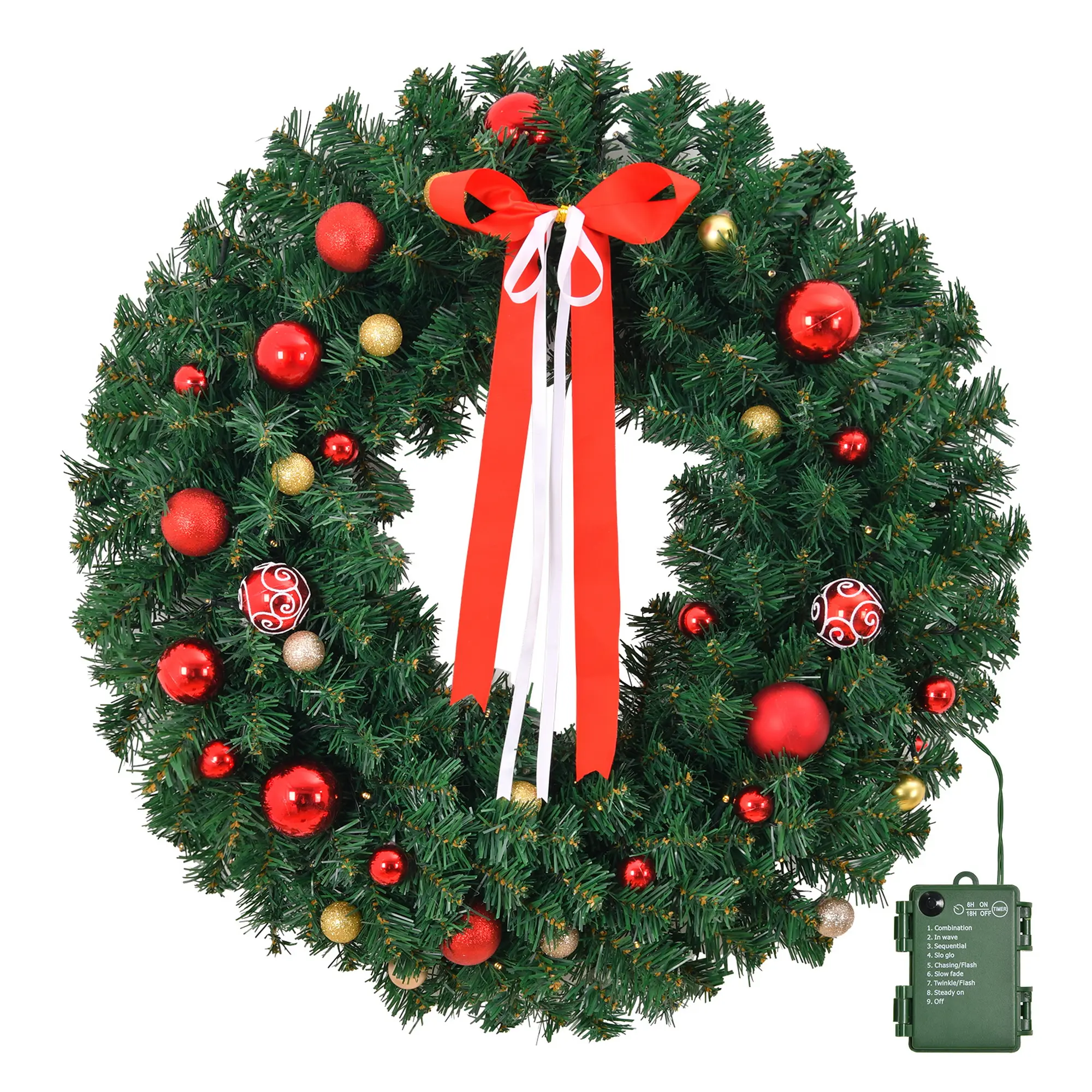 Ubesgoo 36in Green PVC Christmas Wreath, 80 Warm Lights, 3 Lighting Modes, Battery Box Controlled, 270 Branches, with Bowknot & 18 DIY Accessories