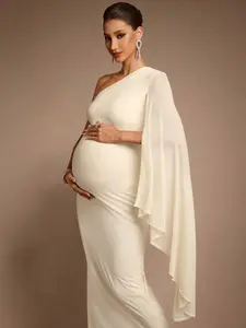 BELLAdresses Autumn And Winter Maternity Solid Color Asymmetric Ruffle Design Fitted Elegant Dress