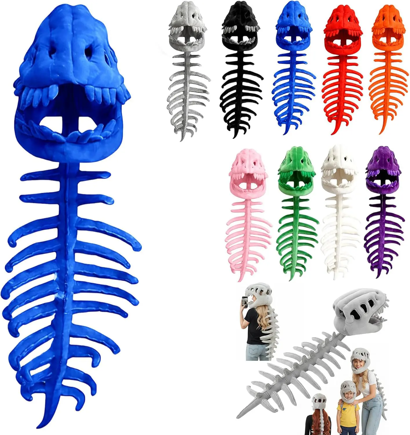 Dinosaur Skeleton Costume Hat, Soft TPR Flexible Dino Skull Bone Headwear, Halloween Cosplay Party Props, Colorful Dinosaur Bone Headpiece Costume Accessory for Kids Adults Party Favor