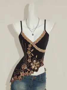 MCKAURA Y2k Women's Black Glitter Fashion Elegant Sequin Floral Embroidery Asymmetric Hem Camisole