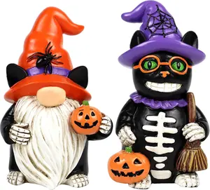 Halloween Black Cat Decor 2 PCS Vintage Home Gnome Figurines Funny Resin Tabletop Decorations Indoor Holiday Collectible Statue for Women Men Kids