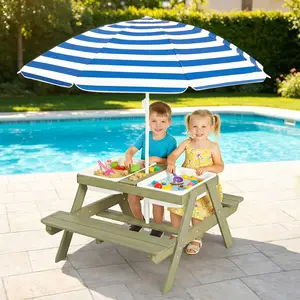 4-in-1 Kids Sand & Water Table with Removable Weatherproof Umbrella, Wooden Outdoor Picnic Table with 2 Covered Bins, Sensory Play Table