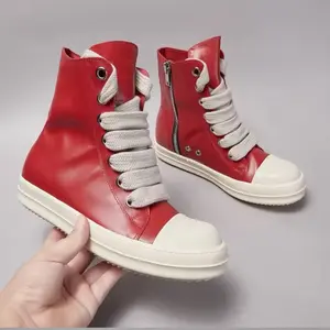 New Rick Owen Jumbo Lace Leather High Top Shoes Cherry Red New Rick Owen Jumbo Lace Leather High Top Shoes Cherry Red