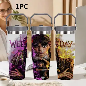1pc 30oz Wednesday Addams: The Dark Palette Stainless Steel Vacuum Insulated Cup, Leak-Proof Travel Mug, Non-Slip Base, Suitable for Hot & Cold Drinks, Outdoor Camping Coffee Cup