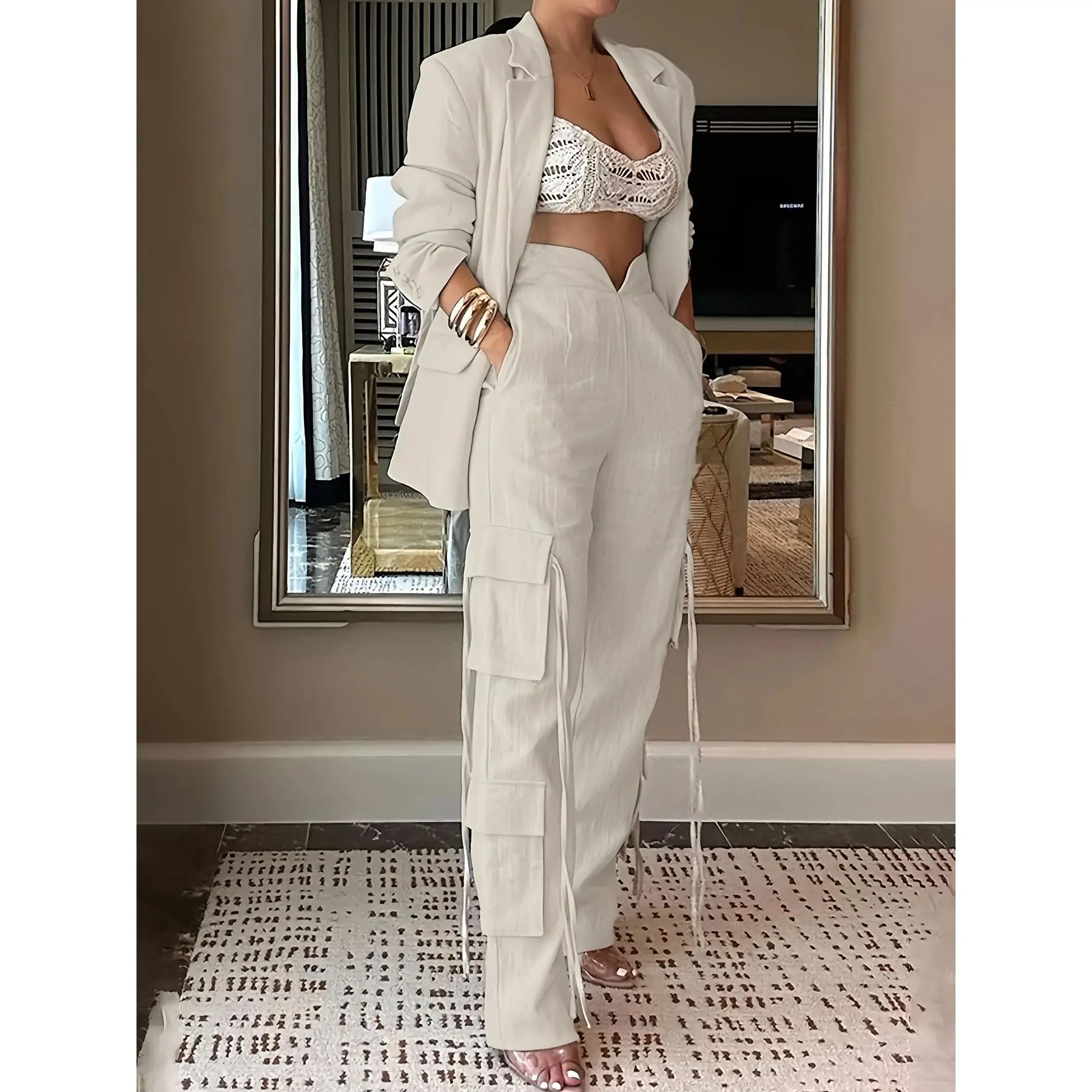Elegant Women's Suit Set - Chic Blazer & Casual Cargo Pants, Solid Color, Machine Washable - Perfect for Work & Everyday Glam