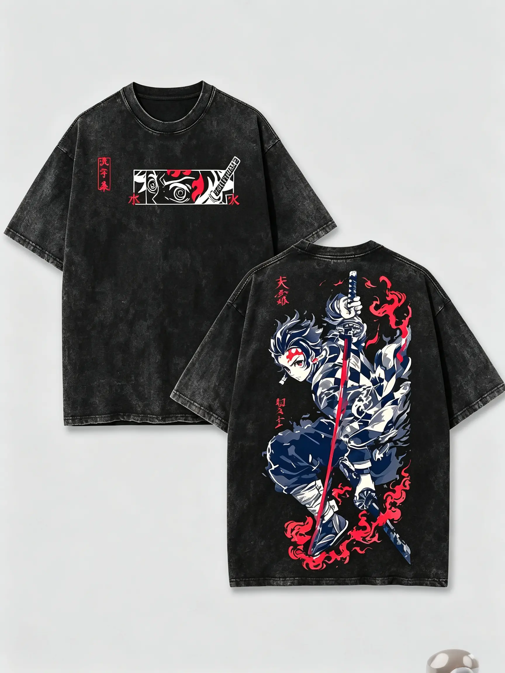 Vintage Washed T-Shirt, Unisex Oversized Short Sleeve Top in Breathable Heavyweight Cotton, Casual Anime Streetwear Graphic, Tops, Shortsleeve, Techwear, Matching, Menswear, Soft, Fabric, Round Neck, Screen Print, Prints, Demon Slayer, Graphic Art