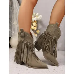 Women'sWesternCowboyBootswithTassels,Rivets,MetalBuckles,ThickHeelHighHeels,ShortDesign,CasualFashionRidingShoes