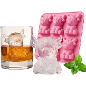 3D Cute Highland Cow Silicone Ice Tray, Ice Cube, 6-Cavity Food Grade Reusable Non-Stick Ice Mold for Whiskey Cocktail Drinks Dessert, Ideal Easter Gift for Cow Lovers Home Bar Party