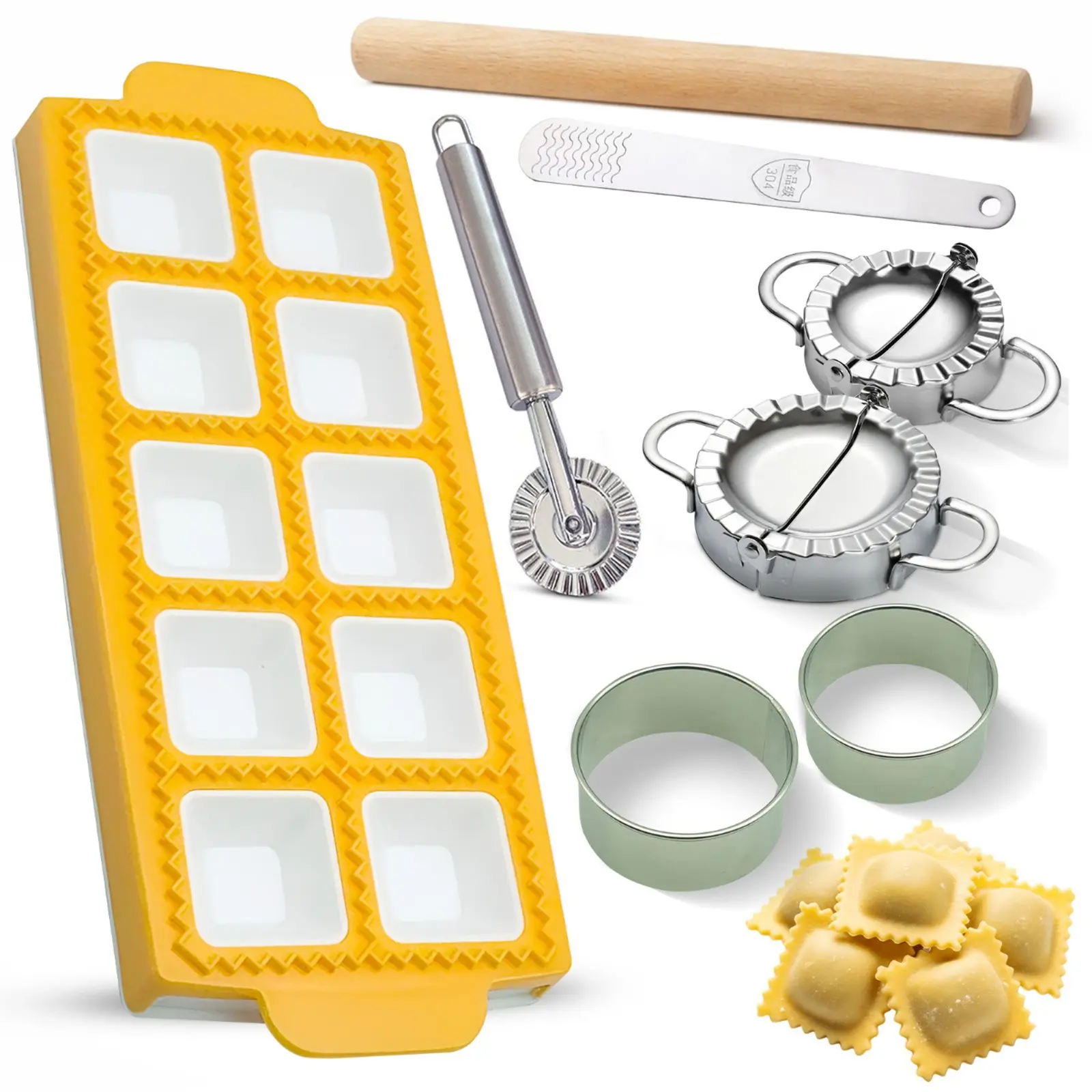 AURAME Sturdy Wooden Ravioli Maker Press, 8-Piece Complete Pasta Making Kit with Pastry Mold Tray, Thin Rolling Pin and Pasta Cutters (Kitchen Utensils & Gadgets)