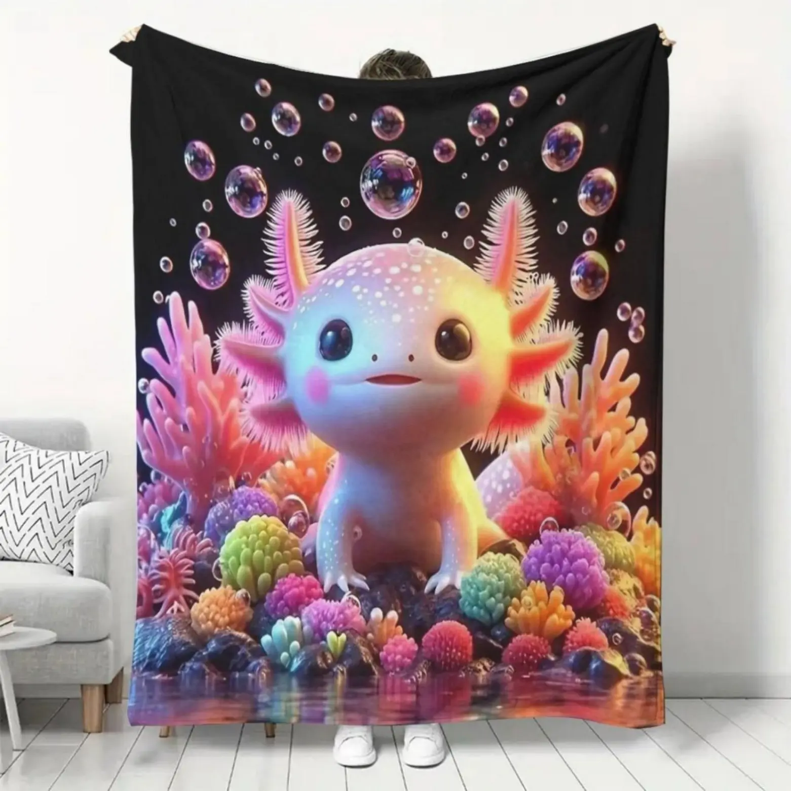Cartoon Axolotl Flannel Throw Blanket - Kawaii Animal Graphic, Hyper Plush, Reversible, Warm for Bed, Home & Office - Anime Fan Favorite Flannel Throw Blankets, Graphic Throw Blanket