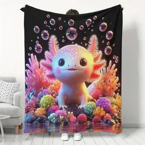Soft Funny Throw Blanket Cartoon Axolotl Print Flannel Reversible Anime Fan Comfortable Warm Fluffy For Home Office School Travel