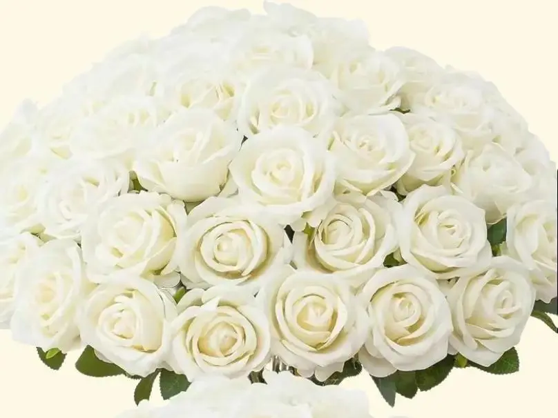 S.W.us 10-Piece Realistic Faux Flower Arrangement - 20in Long-Stem Fake Silk Roses (3.15in Head Diameter) with Pure Ivory White Plastic Vase, Decorative Floral Decor for DIY Projects, Halloween/Christmas Table Accents