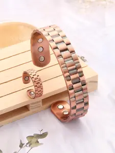 Copper Magnetic Bracelet & Ring, Adjustable Classic Textured Design Bangle, Bangles Bracelets Set, Fashion Accessories for Men & Women