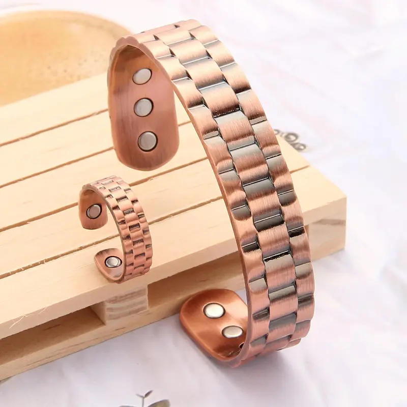 Copper Magnetic Bracelet & Ring, Adjustable Classic Textured Design Bangle, Bangles Bracelets Set, Bracelet Sets, Fashion Accessories for Men & Women, Men Jewelry