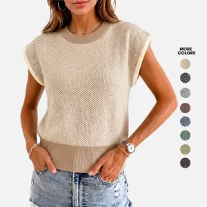 Flowyair Women's Cap-Sleeve Knit Sweater Vest - Polyester Knitting Fabric, Minimalist Color Block, Casual Lightweight Crew Neck Crop Pullover Top