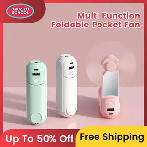 【Back to School】QUEP 2025 New 5 in 1 Portable Mini Handheld Fan, Pocket Fan with Mobile phone holder, mirror, power bank, flashlight Ideal for Travel/Beach/Eyelash/Makeup/Vacation Multifunction portable fan