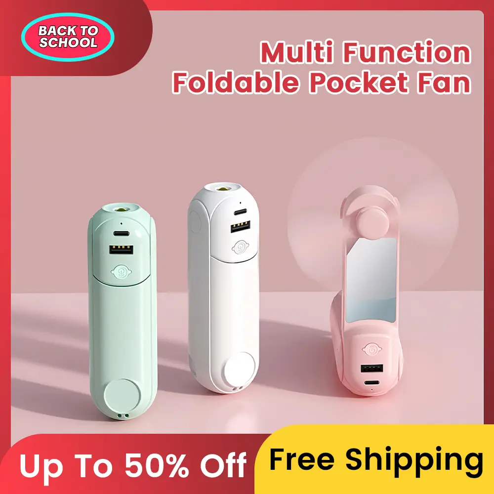 【Back to School】QUEP 2025 New 5 in 1 Portable Mini Handheld Fan, Pocket Fan with Mobile phone holder, mirror, power bank, flashlight Ideal for Travel/