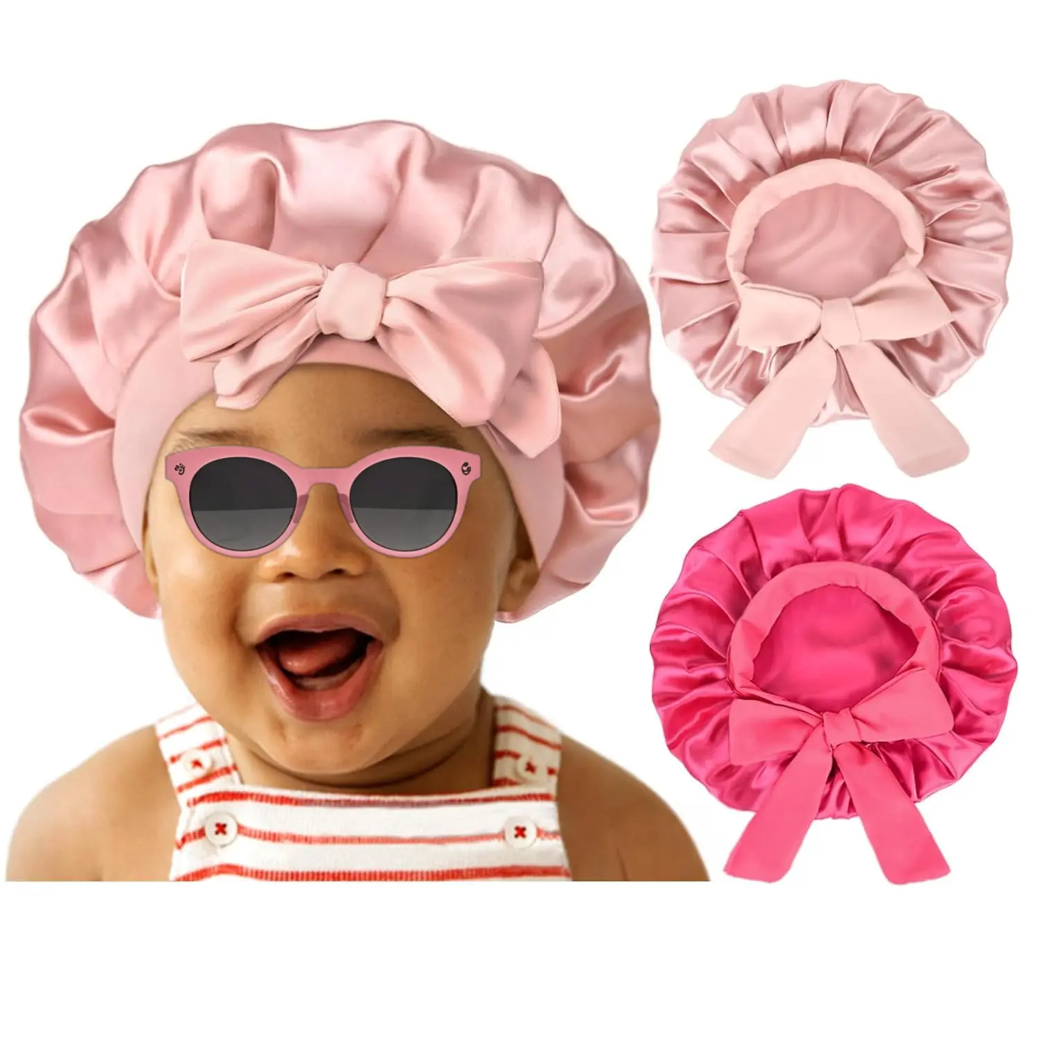 S-53 2 PCS Baby Bonnet Silk Satin Bonnet for Kids Sleeping Cap Curly Natural Hair Silk Bonnets for Girls Boys Infant