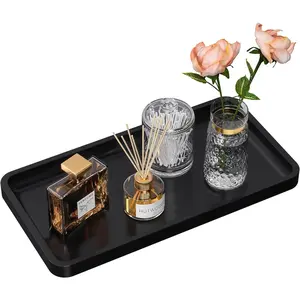 Bathroom Vanity Tray for Countertop - Bamboo Organizer Tray for Dresser Tops, Toilet, Perfume Small Decorative Wood Tray for Home Decoration 11.81” L x 6.1” W x 0.79” H Black