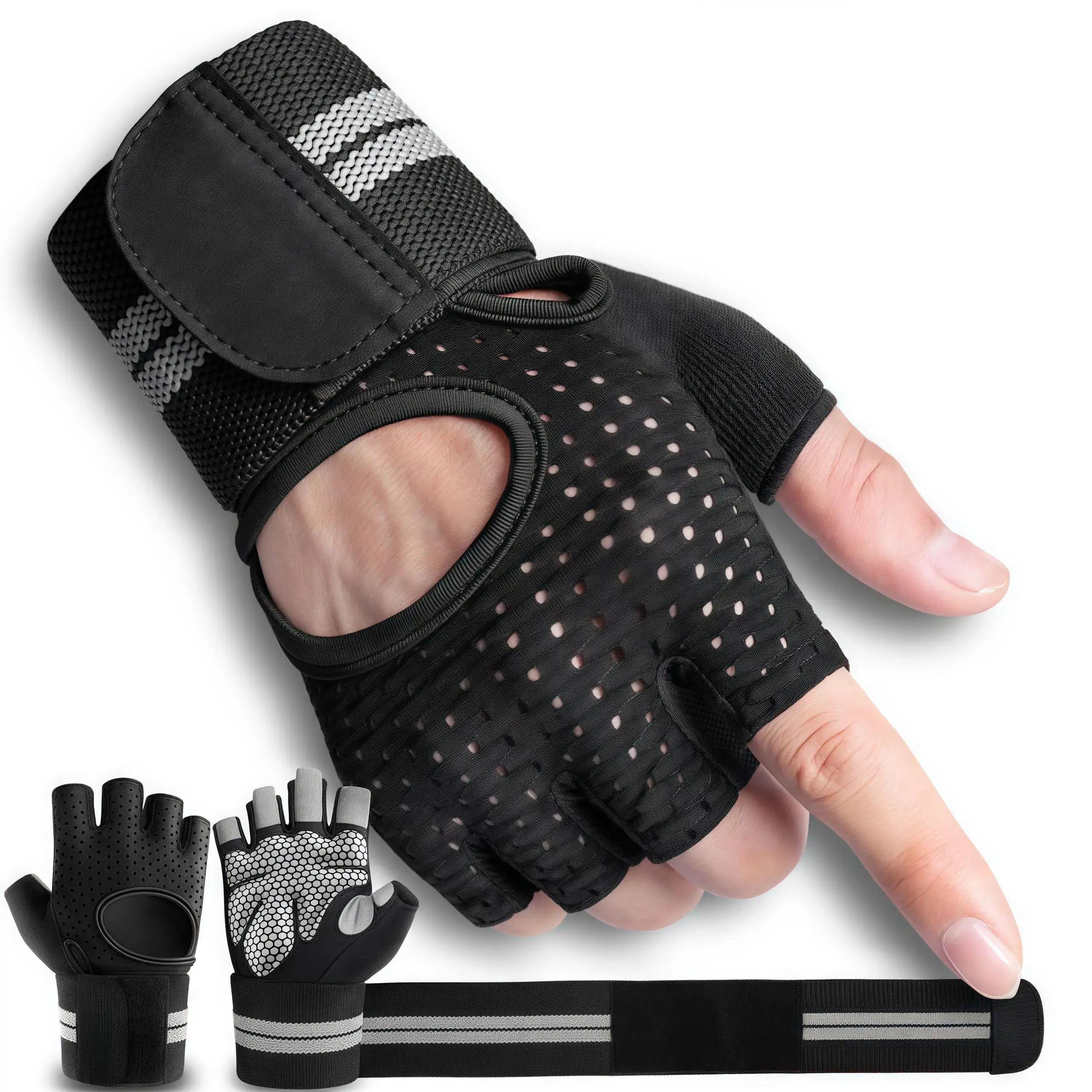 Unisex Weight Lifting Gloves with Wrist Wraps, Breathable Microfiber Mesh Short Glove with Padded Non-Slip Grip for a Secure Hold during Cross Training
