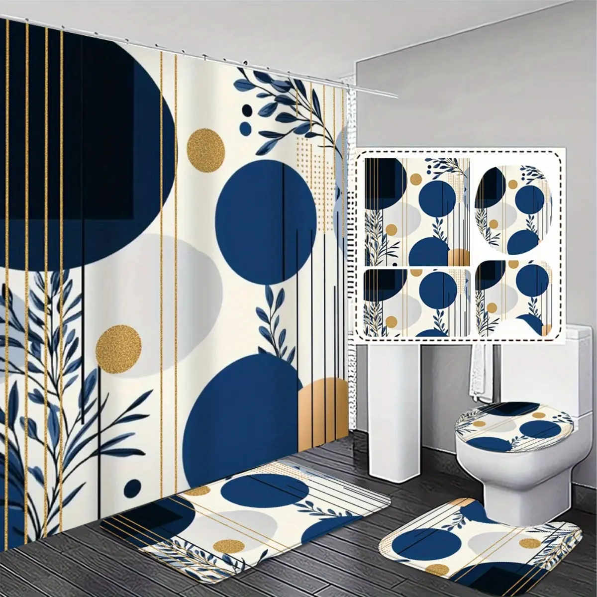 2D Flat, 4pcs Set, Elegant and Gorgeous, Bohemian Style Bathroom Set - 2D FLAT Shower Curtain with Matching Non-Slip Rugs and Toilet Lid Cover - Modern Blue and Golden Design Home Decorations Exquisite and Practical Home Decoration Gift, 2D Flat