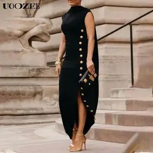 Loose sleeveless solid color split neck long skirt, summer black