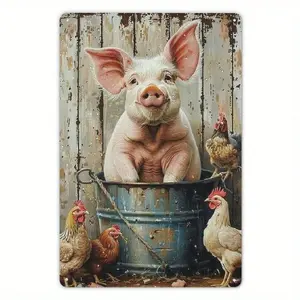 Aluminum Farmhouse Funny Pig Chicken Wall Art Decor Hand-Painted Rustic Vintage Sign for Kitchen Living Room Garden Indoor Outdoor