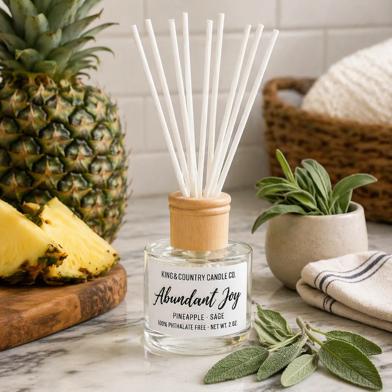 Abundant Joy Reed Diffuser - Pineapple & Sage Scented, 1.5 oz, Non-Toxic, Phthalate-Free, Handcrafted, Perfect for Home & Car, Faith-Inspired Fragrance