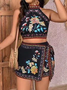 Boho Plus Size Floral Print Halter Cropped Top Side Knot Skort Set Black