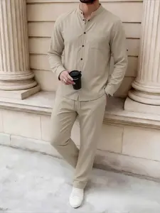 Men's Trendy 2-Piece Vacation Suit, Solid Stand Collar Shirt Matching Wide Leg Pants, Ultra Light Airy Fabric for Daily Leisure Outdoor and Beach Daily Wear