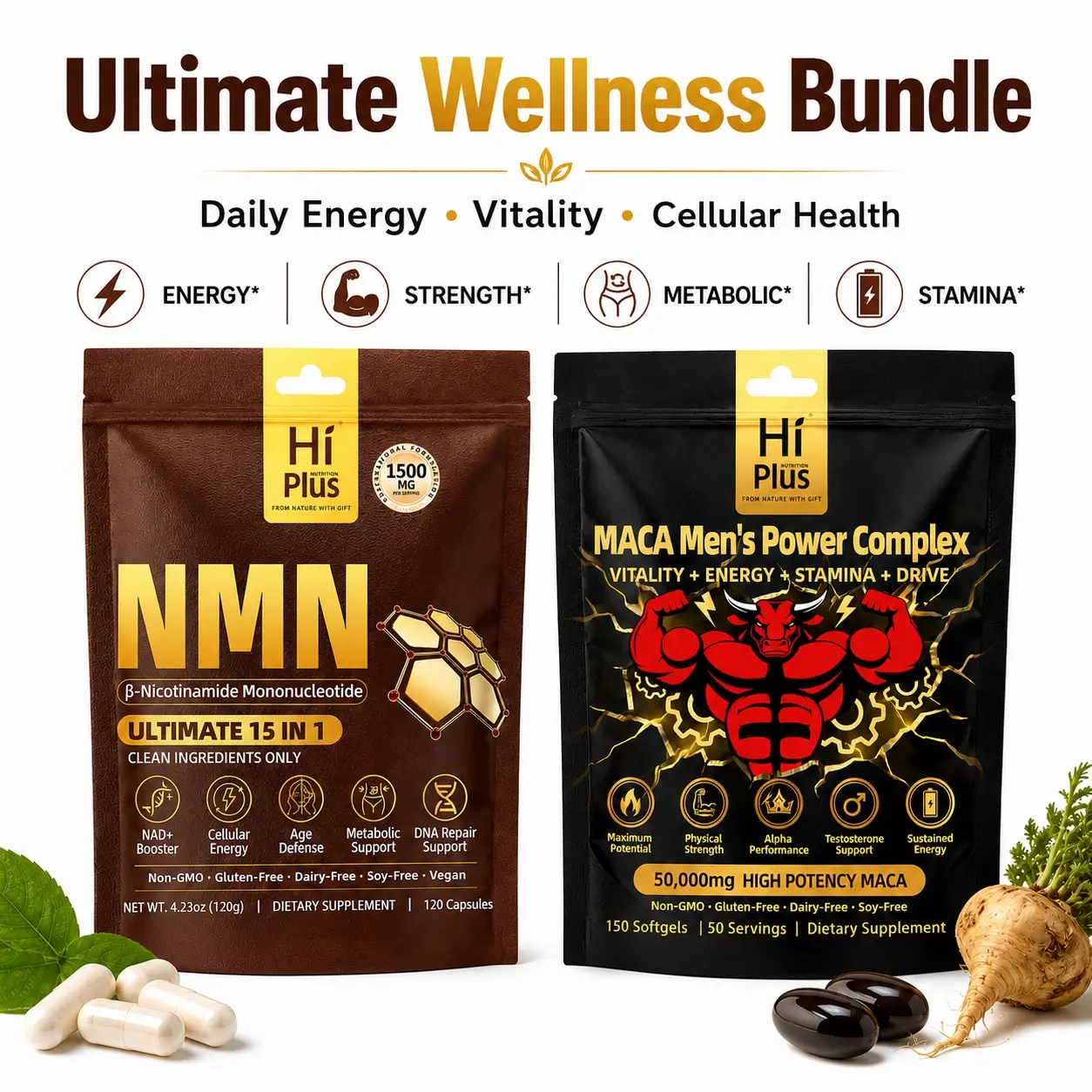 HiPlus Ultimate Wellness Bundle | Testosterone Booster with Shilajit, Maca, Ashwagandha & Ginseng + NMN Complex 1500mg | Energy, Vitality & Cellular Support