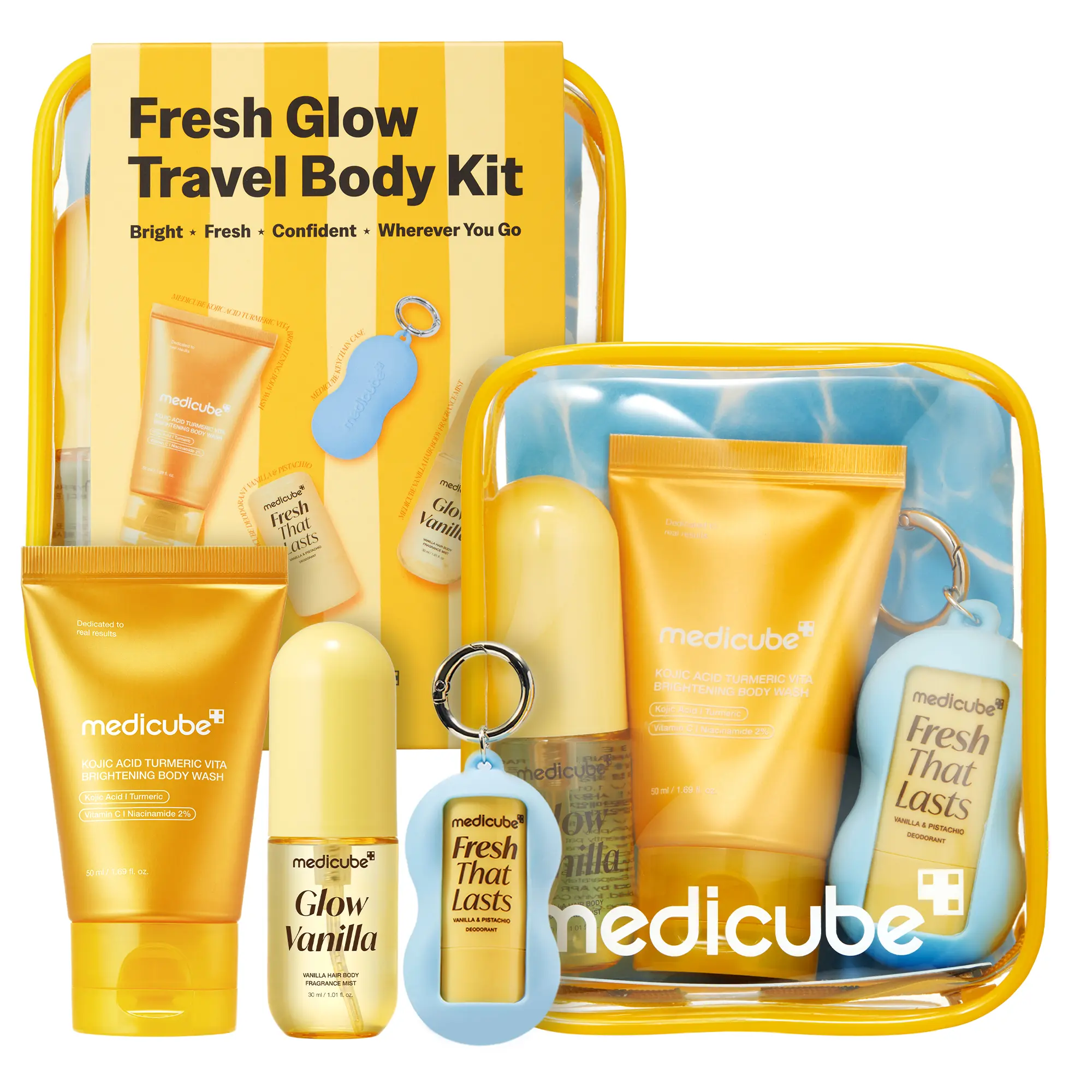 [Live Exclusive][medicube] Fresh Glow Body Kit | Travel-Ready Hair & Body Set | Mini body wash, deodorant and hair & body fragrance mist for fresh glow body. Kojic Acid for Brightening[