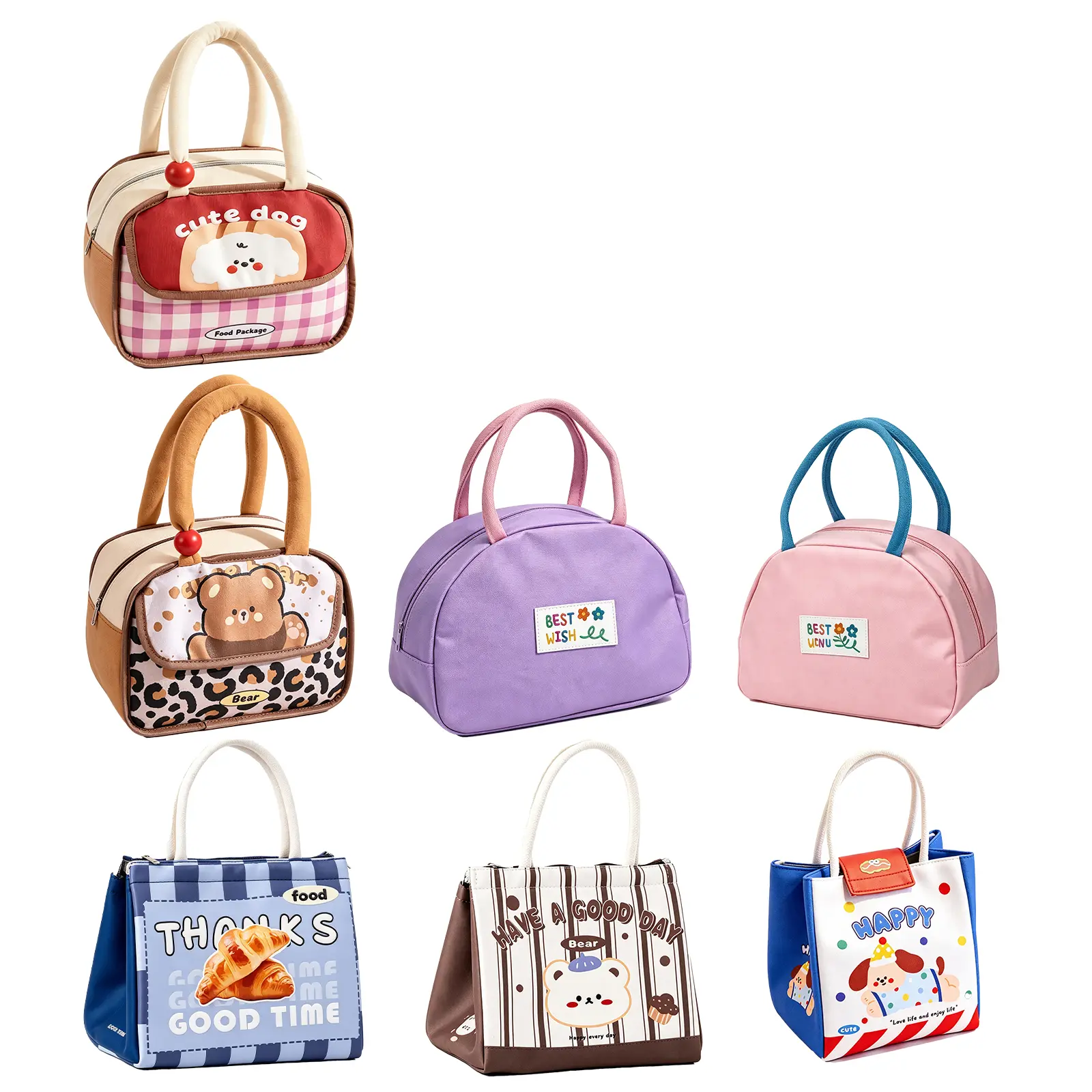 7Pcs Kawaii Cute Bento Bags Insulated Tote for Women, Large Capacity Waterproof Leakproof Zipper Cooler Tote, Reusable Portable Meal Container for Back to School Haul, Work, Outdoor Use, Stripe Lunch Bags