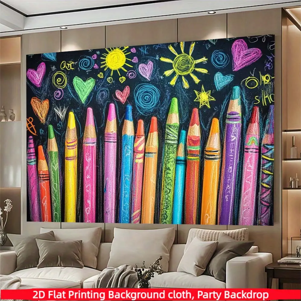 1PC, Back to School Backdrop, Colorful Crayon Pencils and Chalkboard Graffiti Theme Photography Background, Polyester Fabric, Suitable for Photo Booth, Classroom Party, Birthday, and Kids Room Wall Decor