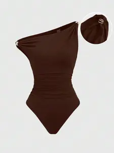 women's coffee brown metal decor ruched bodysuit