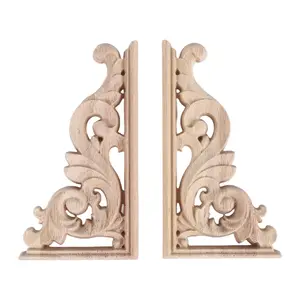2pcs left+right(each 1pcs) Vintage Wooden Carved Corner Onlay Furniture Wall Decor Unpainted Frame Applique