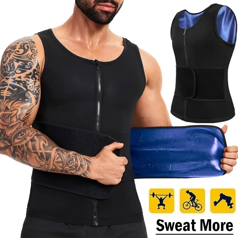 Men's 2-in-1 Sauna Suit Waist Trainer Workout Clothing - Compression-Fit Sleeveless Front-Zipper Vest, Professional Sports Sweat Body Shaper for Gym Workouts