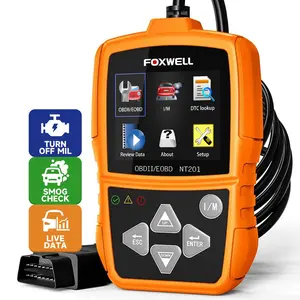 FOXWELL NT201 OBD2 Scanner Check Engine Light + Official OBD2 Flat Ribbon 16Pin Male to Female Diagnostic Extension Convert Cable